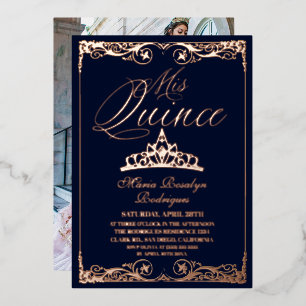 Rose Gold & Navy Blue Elegant Quinceanera  Photo  Foil Invitation