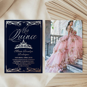 Rose Gold & Navy Blue Elegant Quinceanera Photo Foil Invitation