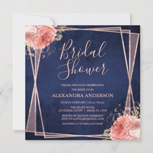 Rose Gold Navy Blue Floral Modern Bridal Shower Invitation