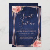 Rose Gold Navy Blue Floral Sweet Sixteen Birthday Invitation (Front/Back)