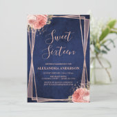 Rose Gold Navy Blue Floral Sweet Sixteen Birthday Invitation (Standing Front)