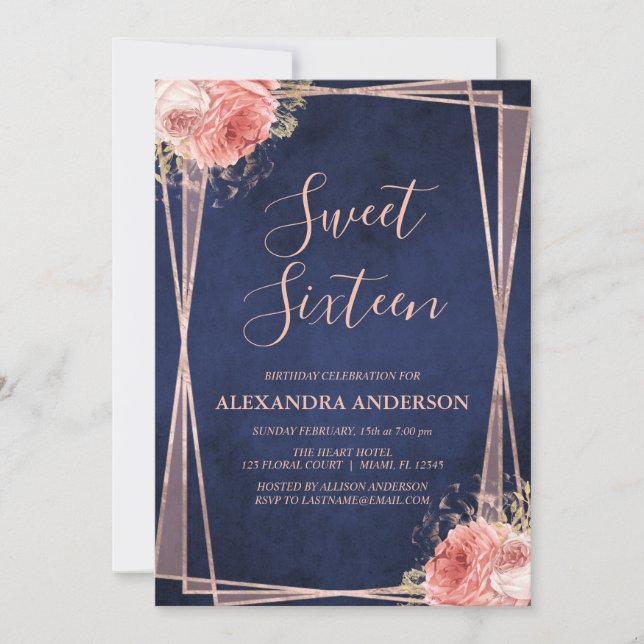 Rose Gold Navy Blue Floral Sweet Sixteen Birthday Invitation (Front)