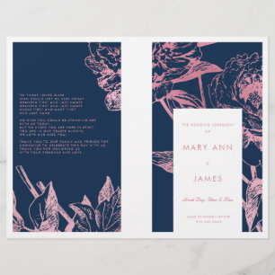 Rose Gold Navy Blue Floral Wedding Program