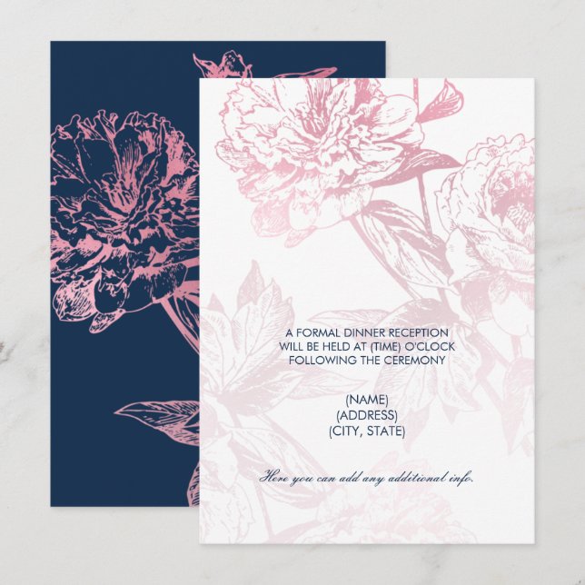 Rose Gold Navy Blue Floral Wedding Reception Only Invitation (Front/Back)