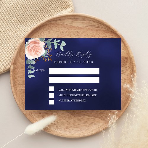 Rose gold navy blue floral wedding response RSVP Note Card