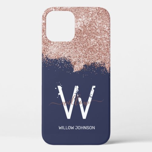 Rose Gold Navy Blue Girly Dust Monogram iPhone 12 Case