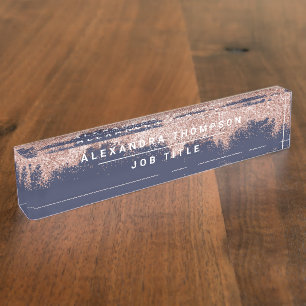 Rose Gold Navy Blue Girly Glitter Dust Desk Name Plate