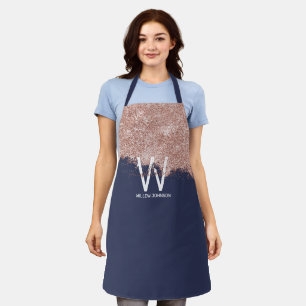 Rose Gold Navy Blue Girly Glitter Dust Monogram Apron
