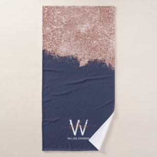 Rose Gold Navy Blue Girly Glitter Dust Monogram Bath Towel Set