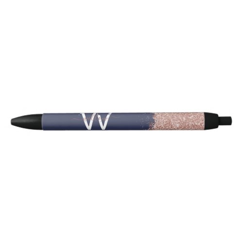 Rose Gold Navy Blue Girly Glitter Dust Monogram Black Ink Pen