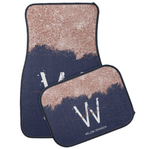 Rose Gold Navy Blue Girly Glitter Dust Monogram Car Floor Mat