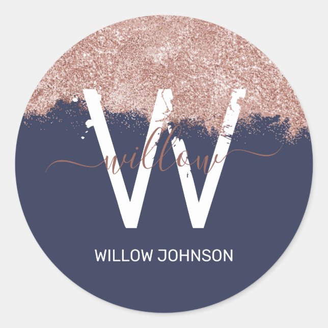 Rose Gold Navy Blue Girly Glitter Dust Monogram Classic Round Sticker (Front)
