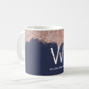 Rose Gold Navy Blue Girly Glitter Dust Monogram Coffee Mug