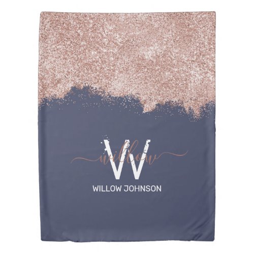 Rose Gold Navy Blue Girly Glitter Dust Monogram Duvet Cover