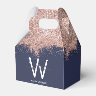 Rose Gold Navy Blue Girly Glitter Dust Monogram Favor Boxes