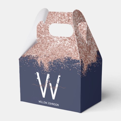 Rose Gold Navy Blue Girly Glitter Dust Monogram Favor Boxes