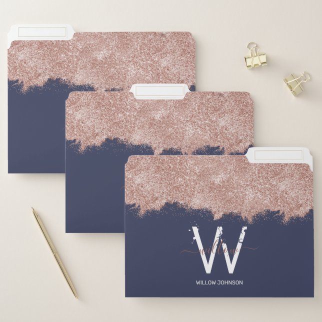 Rose Gold Navy Blue Girly Glitter Dust Monogram File Folder (Set)