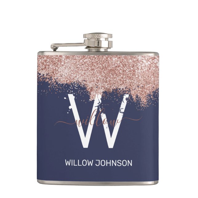 Rose Gold Navy Blue Girly Glitter Dust Monogram Flask (Front)