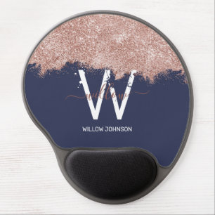 Rose Gold Navy Blue Girly Glitter Dust Monogram Gel Mouse Pad