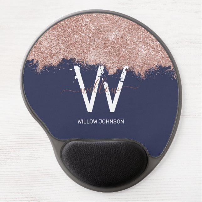 Rose Gold Navy Blue Girly Glitter Dust Monogram Gel Mouse Pad (Front)
