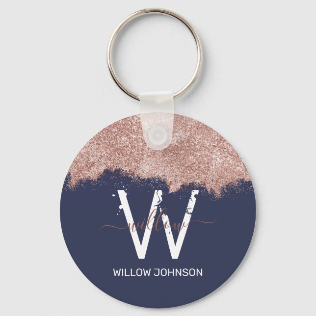 Rose Gold Navy Blue Girly Glitter Dust Monogram Keychain (Front)