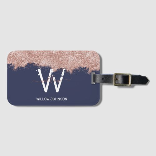 Rose Gold Navy Blue Girly Glitter Dust Monogram Luggage Tag