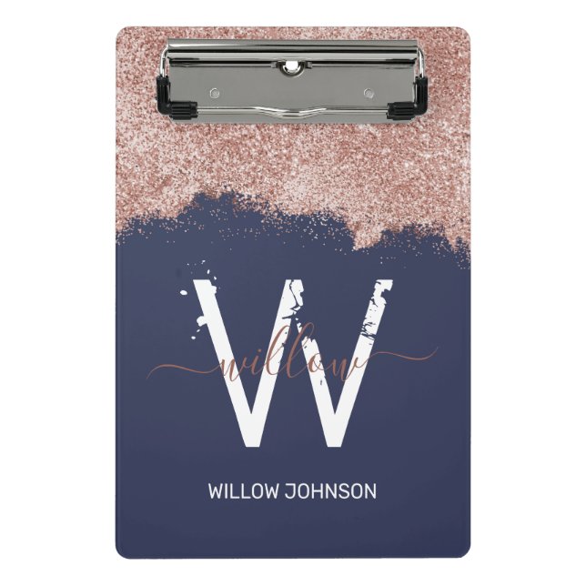 Rose Gold Navy Blue Girly Glitter Dust Monogram Mini Clipboard (Front)