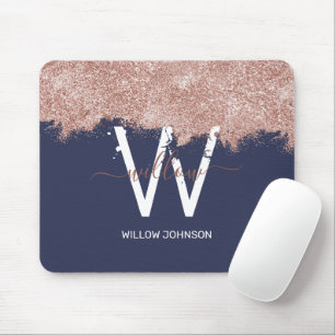 Rose Gold Navy Blue Girly Glitter Dust Monogram Mouse Pad