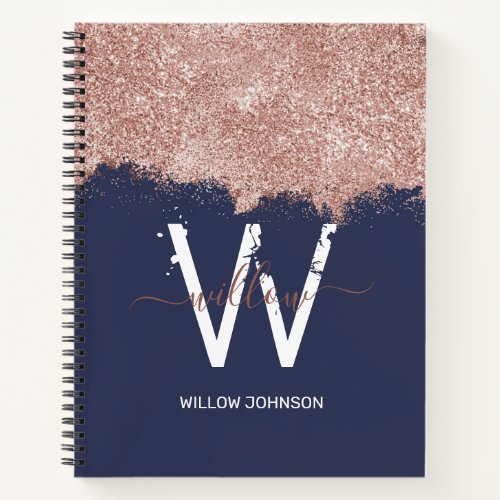 Rose Gold Navy Blue Girly Glitter Dust Monogram Notebook