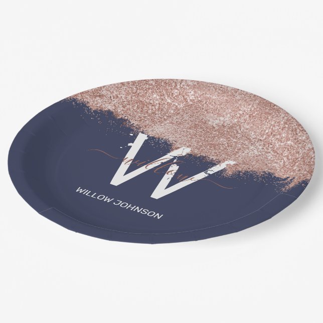 Rose Gold Navy Blue Girly Glitter Dust Monogram Paper Plates (Angled)
