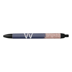 Rose Gold Navy Blue Girly Glitter Dust Monogram Pen
