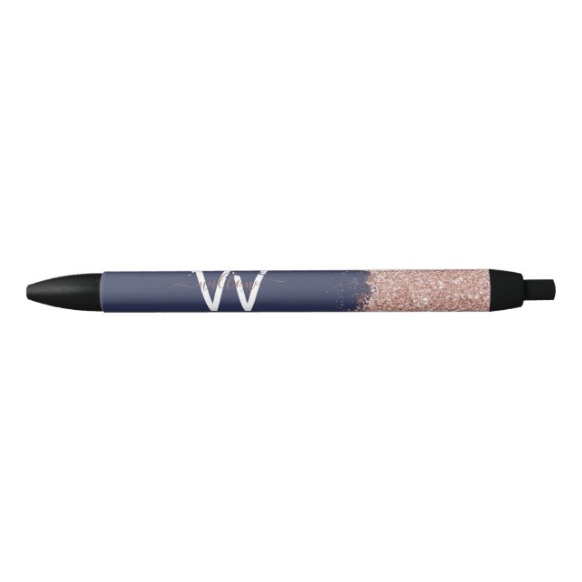 Rose Gold Navy Blue Girly Glitter Dust Monogram Pen (Front)