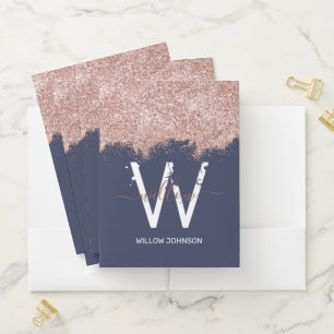 Rose Gold Navy Blue Girly Glitter Dust Monogram Pocket Folder