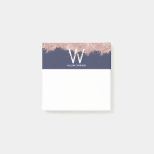 Rose Gold Navy Blue Girly Glitter Dust Monogram Post-it Notes