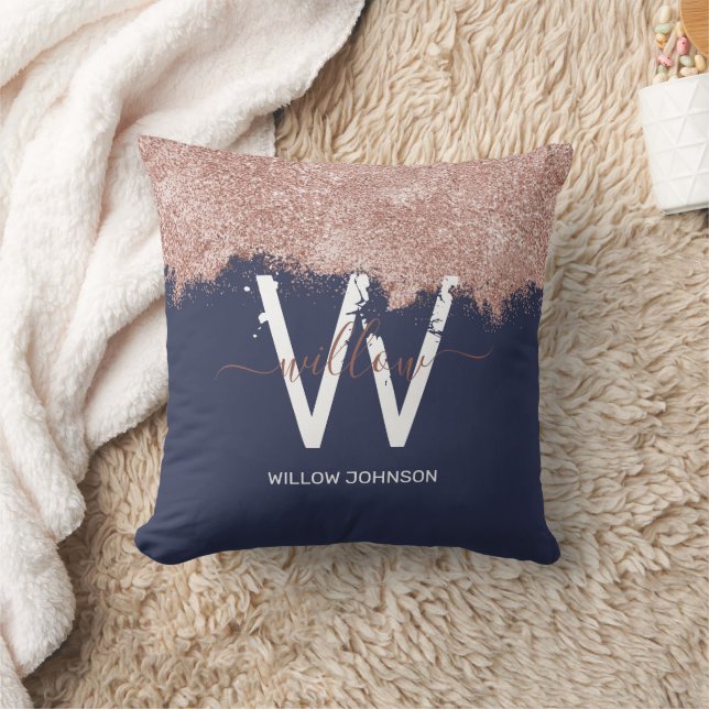 Rose Gold Navy Blue Girly Glitter Dust Monogram Throw Pillow (Blanket)