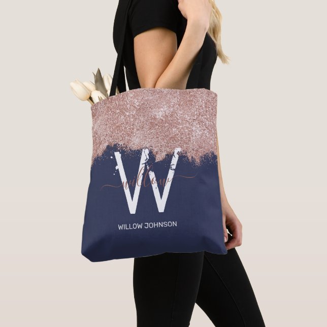 Rose Gold Navy Blue Girly Glitter Dust Monogram Tote Bag (Close Up)