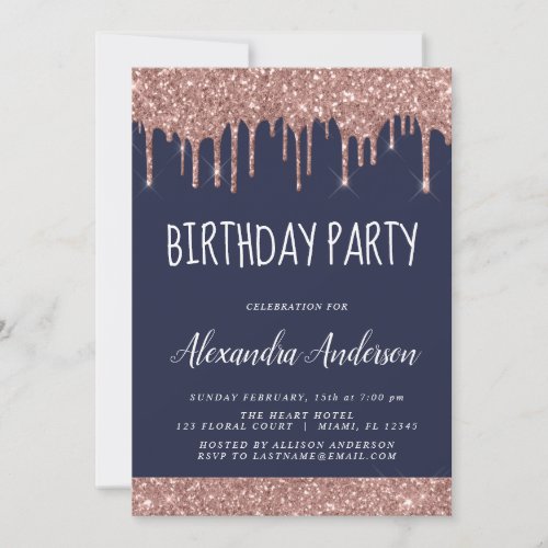 Rose Gold Navy Blue Glitter Any Age Birthday Invitation