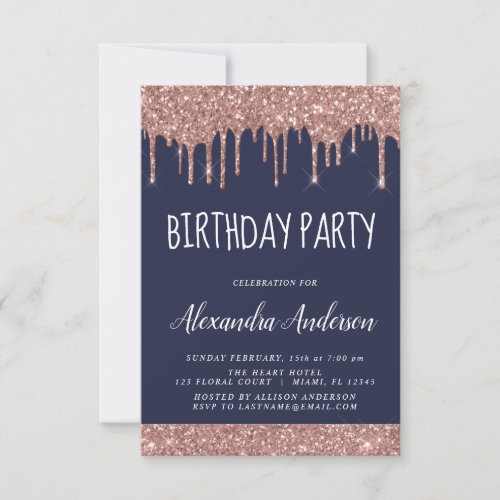 Rose Gold Navy Blue Glitter Any Age Birthday Invitation