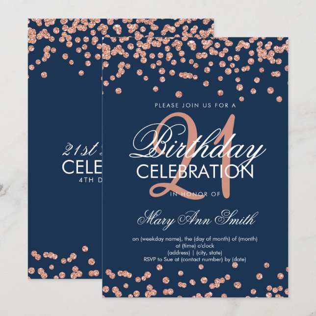 Rose Gold Navy Blue Glitter Confetti 21st Birthday Invitation (Front/Back)