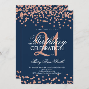 Rose Gold Navy Blue Glitter Confetti 21st Birthday Invitation