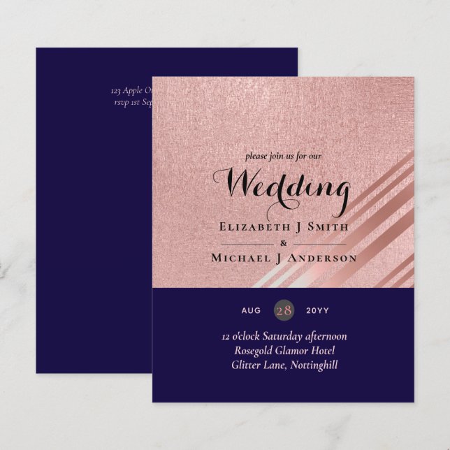 Rose Gold Navy Blue Glitter Foil Look WEDDING (Front/Back)