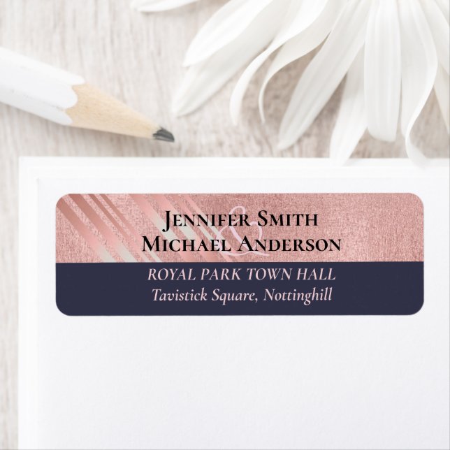 Rose Gold Navy Blue Glitter Foil Look WEDDING Label (Insitu)