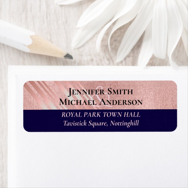 Rose Gold Navy Blue Glitter Foil Look WEDDING Label (Insitu)