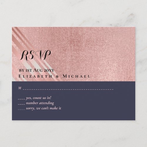 Rose Gold Navy Blue Glitter Foil Look WEDDING Postcard