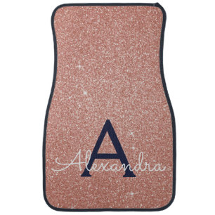 Rose Gold Navy Blue Glitter Sparkle Monogram Car F Car Floor Mat