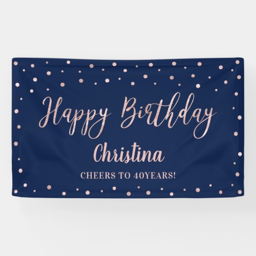Rose Gold  Navy Blue Happy Birthday Party Banner