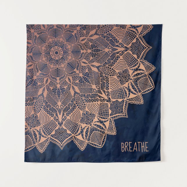 Rose Gold & Navy Blue Mandala Tapestry (Front)