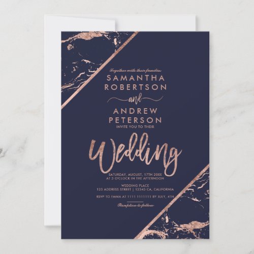 Rose gold navy blue marble typography wedding invitation