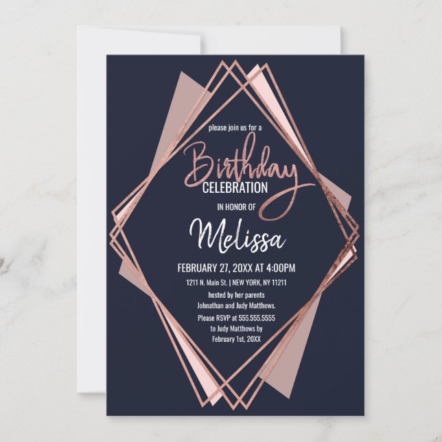 Rose Gold Navy Blue Mauve Geometric Birthday Invitation (Front)