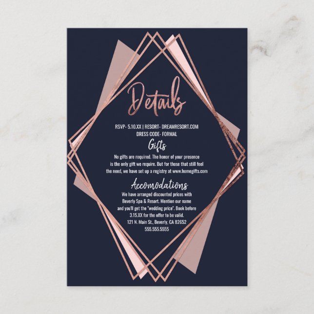 Rose Gold Navy Blue Mauve Geometric Details Enclosure Card (Front)